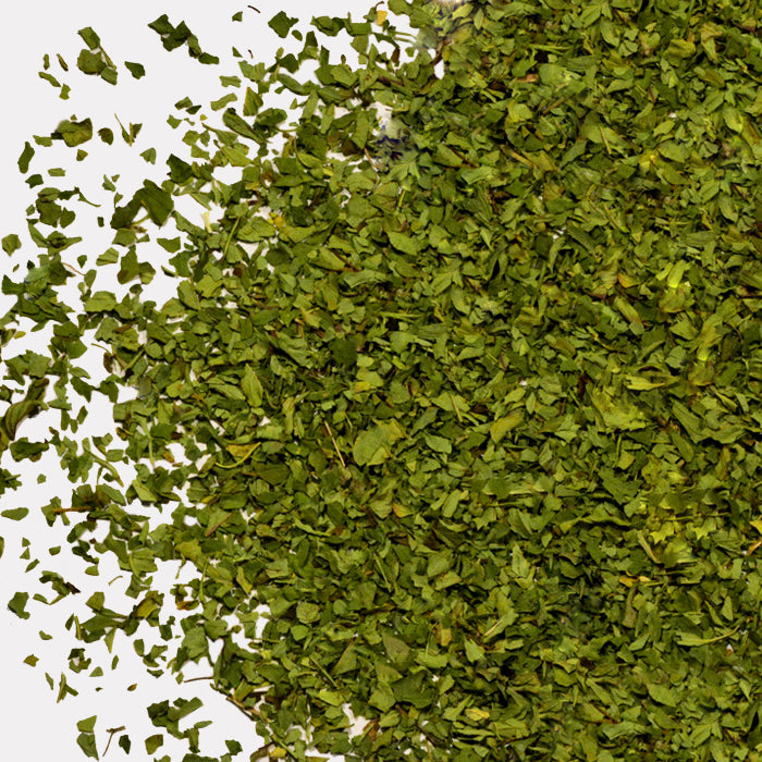 A close-up of chopped Oregano(Greek) by Whole Spice Inc., spread in a circle on a white background. The small, leafy Mediterranean herb pieces look fresh and vibrant.