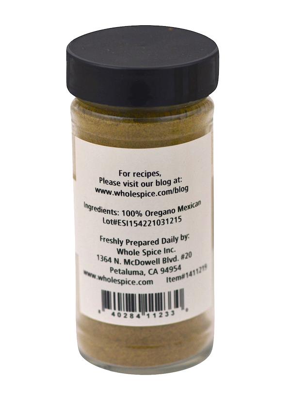 A jar of Whole Spice Inc. Mexican Oregano Powder, a traditional Mexican herb and popular seasoning for bean dishes.