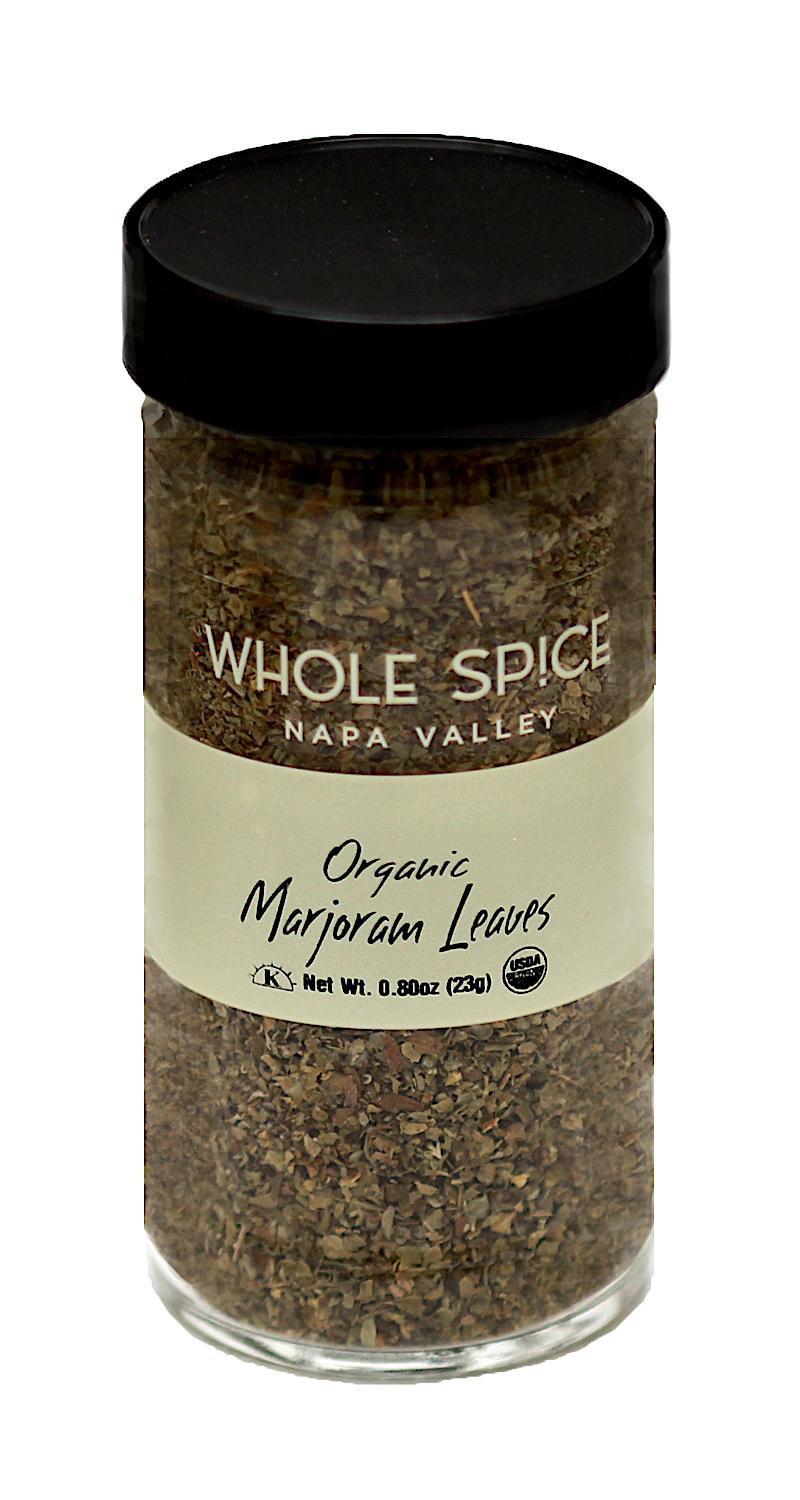 Whole Spice Inc. Marjoram Leaves Organic come in a clear glass jar with a black lid and cream label showing the name, weight (0.8oz / 23g), and organic certification—ideal for anyone who appreciates organic herbs.
