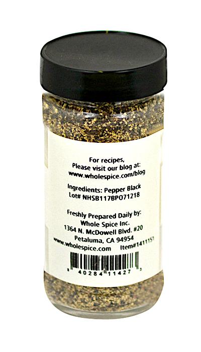 A jar of Pepper Black Ground #2 by Whole Spice Inc. features premium black pepper—King of Spices—freshly packed for robust flavor.