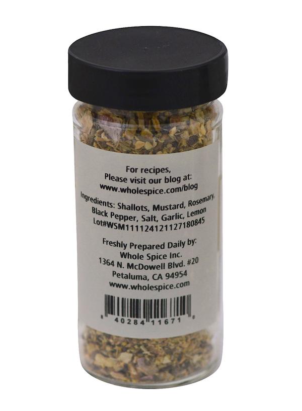 Whole Spice Inc. Roast Beef Rub comes in a clear spice jar with a black lid and features ingredients like shallots, mustard, rosemary, and lemon—ideal for seasoning beef or using as a roast beef rub. Label includes preparation and contact info.