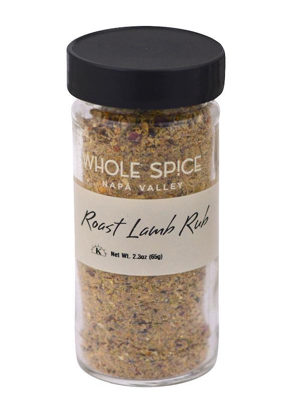 A 2.3 oz (65g) jar of Whole Spice Inc. Roast Lamb Rub, featuring rosemary, is perfect for seasoning roast lamb or lamb kebabs.