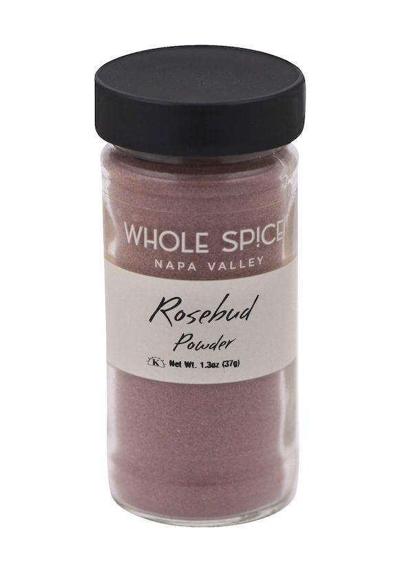 Whole Spice Inc. Rosebud Powder comes in a jar with a black lid—ideal for baking or adding floral flavor to beverages.