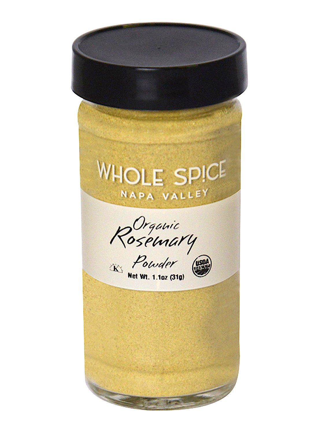 A 1.1 oz (31g) glass jar of Whole Spice Inc. Rosemary Powder Organic features a black lid, white label, and visible USDA organic seal, underscoring the premium quality of this Mediterranean herb.