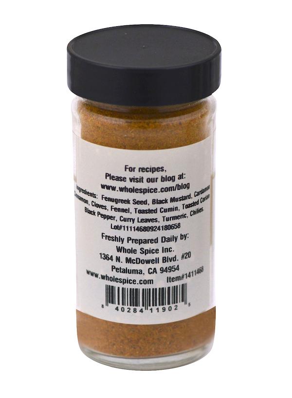 Sri Lankan Curry Powder by Whole Spice Inc. comes in a clear jar with an ingredient label listing fenugreek, mustard, coriander, and cumin—ideal for Sri Lankan or classic rice and curry. Includes company address, barcode, and website link for recipes.