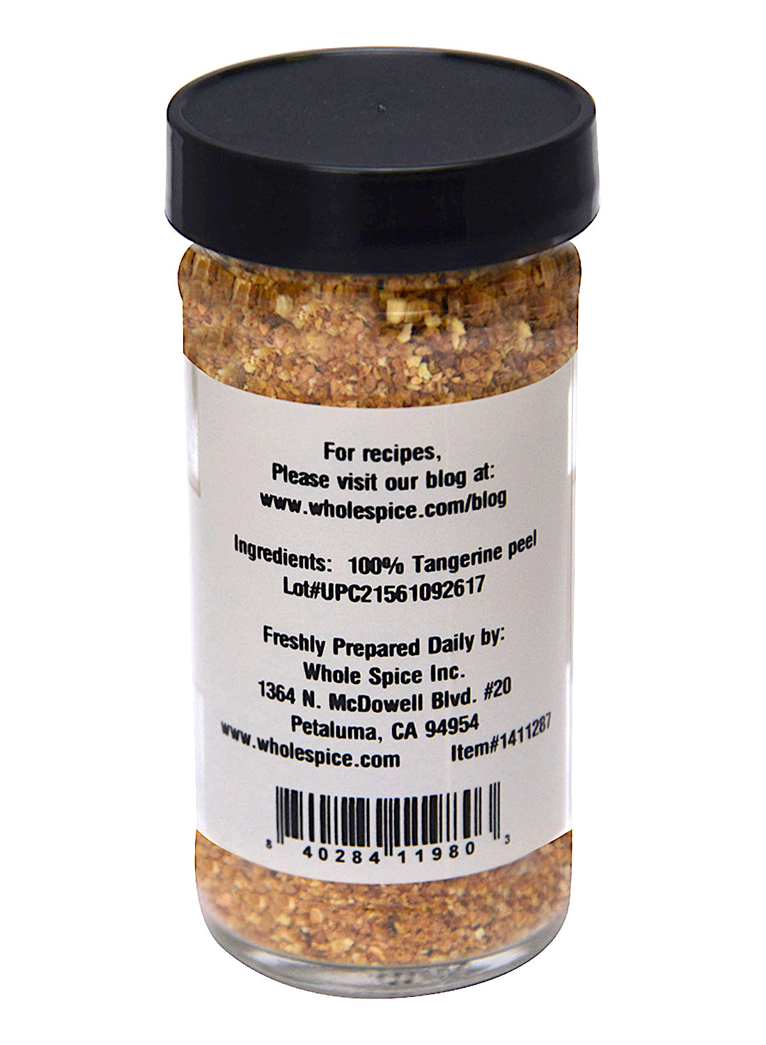 Whole Spice Inc. Tangerine Peel is a clear spice jar with a black lid, filled with dehydrated tangerine peel. The back label states 100% tangerine peel and includes company contact details plus a website for citrus recipes.