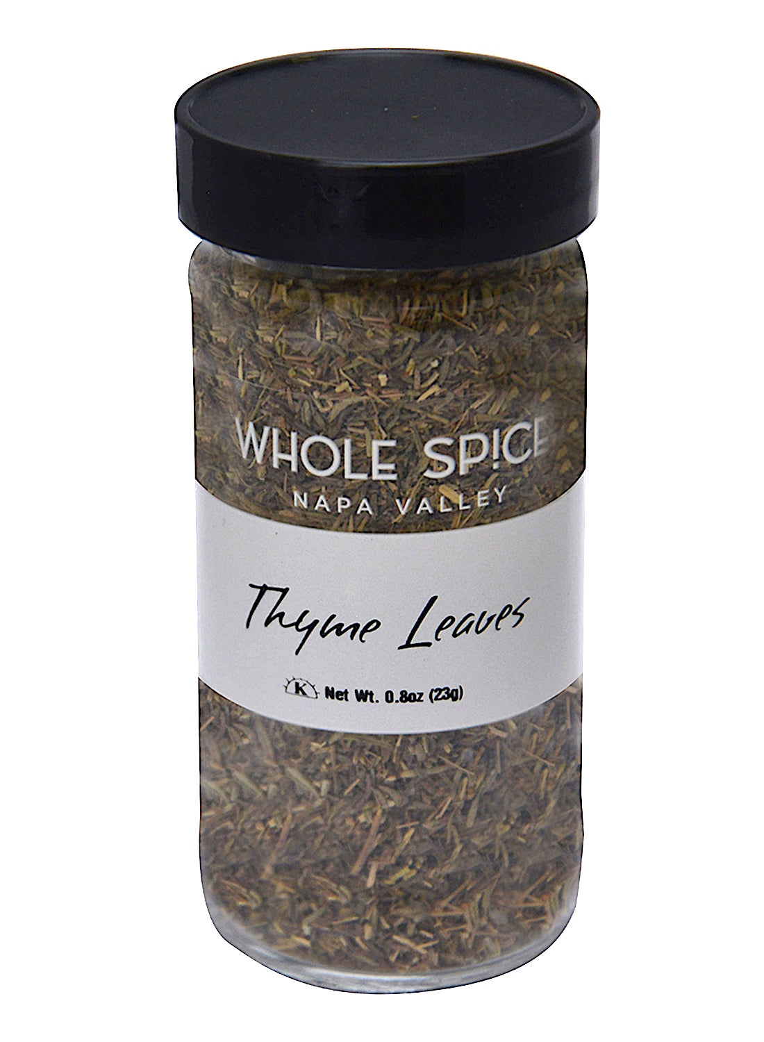 A clear spice jar with a black lid contains Thyme Leaves by Whole Spice Inc., an essential multi-purpose herb for your kitchen. The label lists the net weight as 0.8oz (23g).