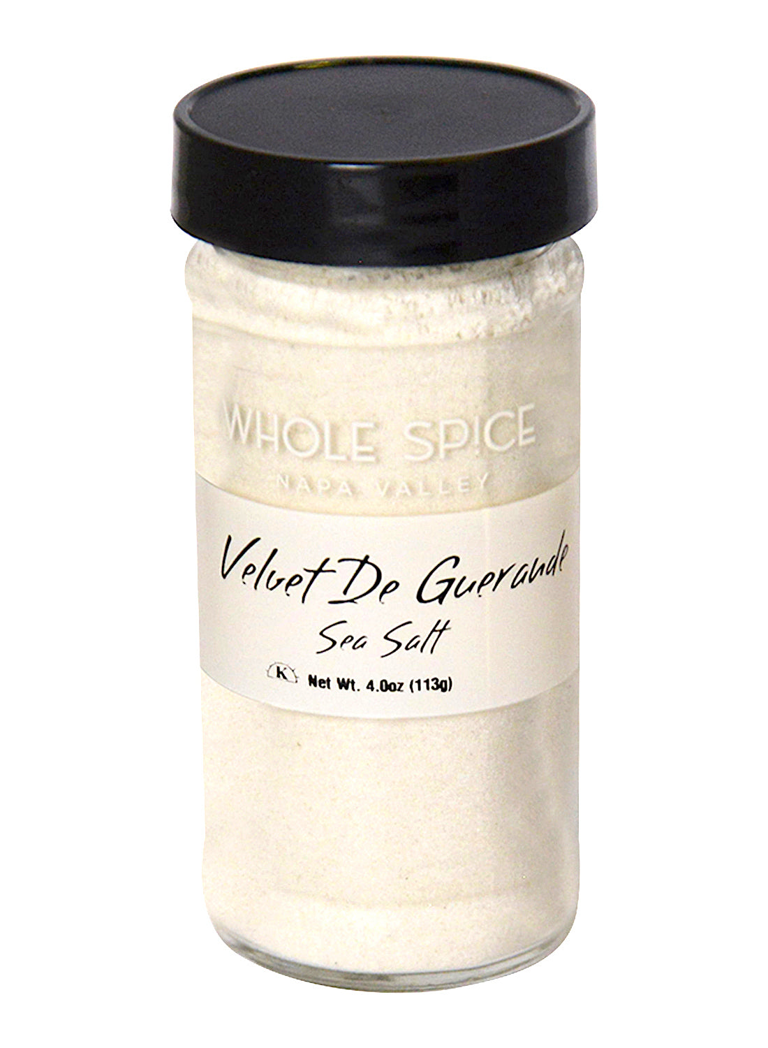 Whole Spice Inc.’s Velvet de Guerande Sea Salt comes in a clear glass jar with a black lid. This 4oz (113g) French gray salt is ideal as a delicate finishing salt.