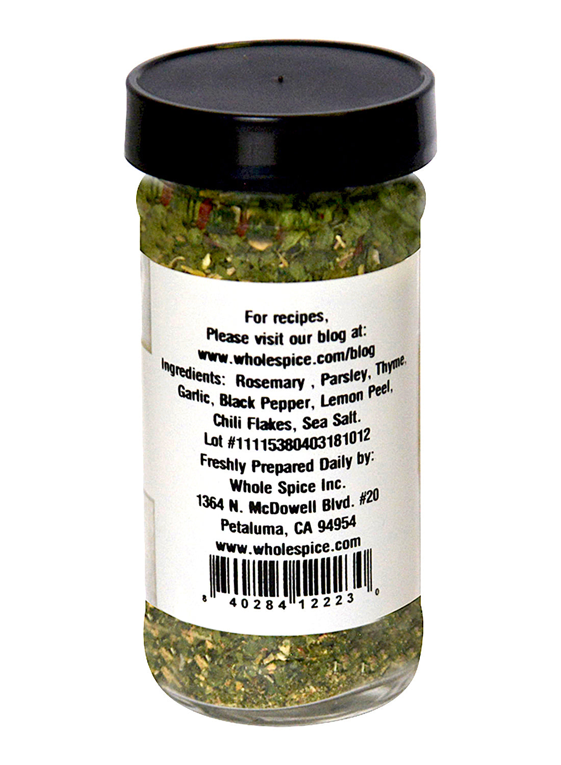 Venison Roast Seasoning by Whole Spice Inc. comes in a clear jar with a black lid, featuring rosemary, parsley, thyme, garlic, black pepper, lemon peel, chili flakes, and sea salt—ideal for stews or venison. Label includes company info and website.