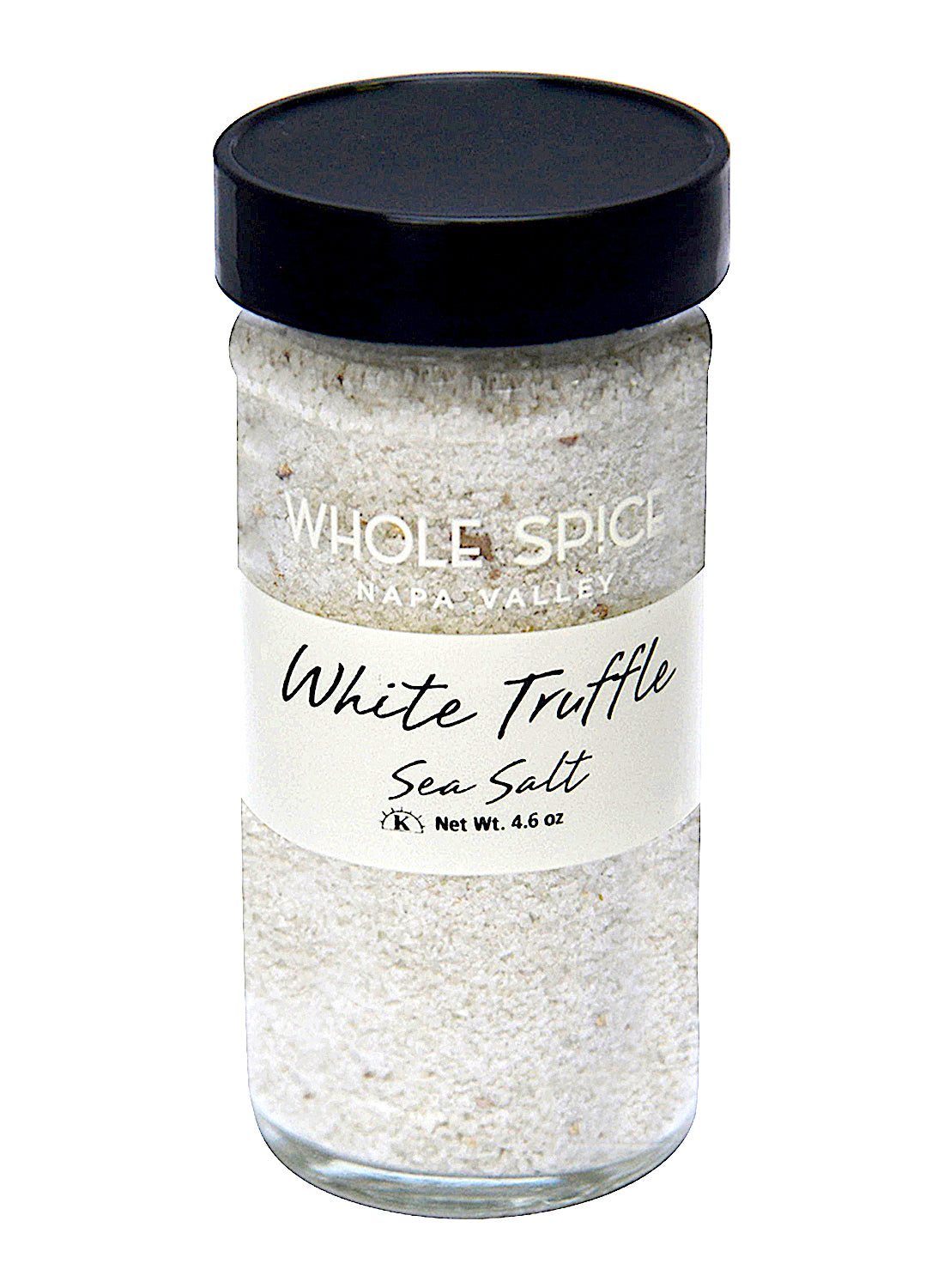A clear glass jar with a black lid contains Whole Spice Inc. White Truffle Sea Salt, made with Italian white truffle; the label notes a net weight of 4.6 oz.